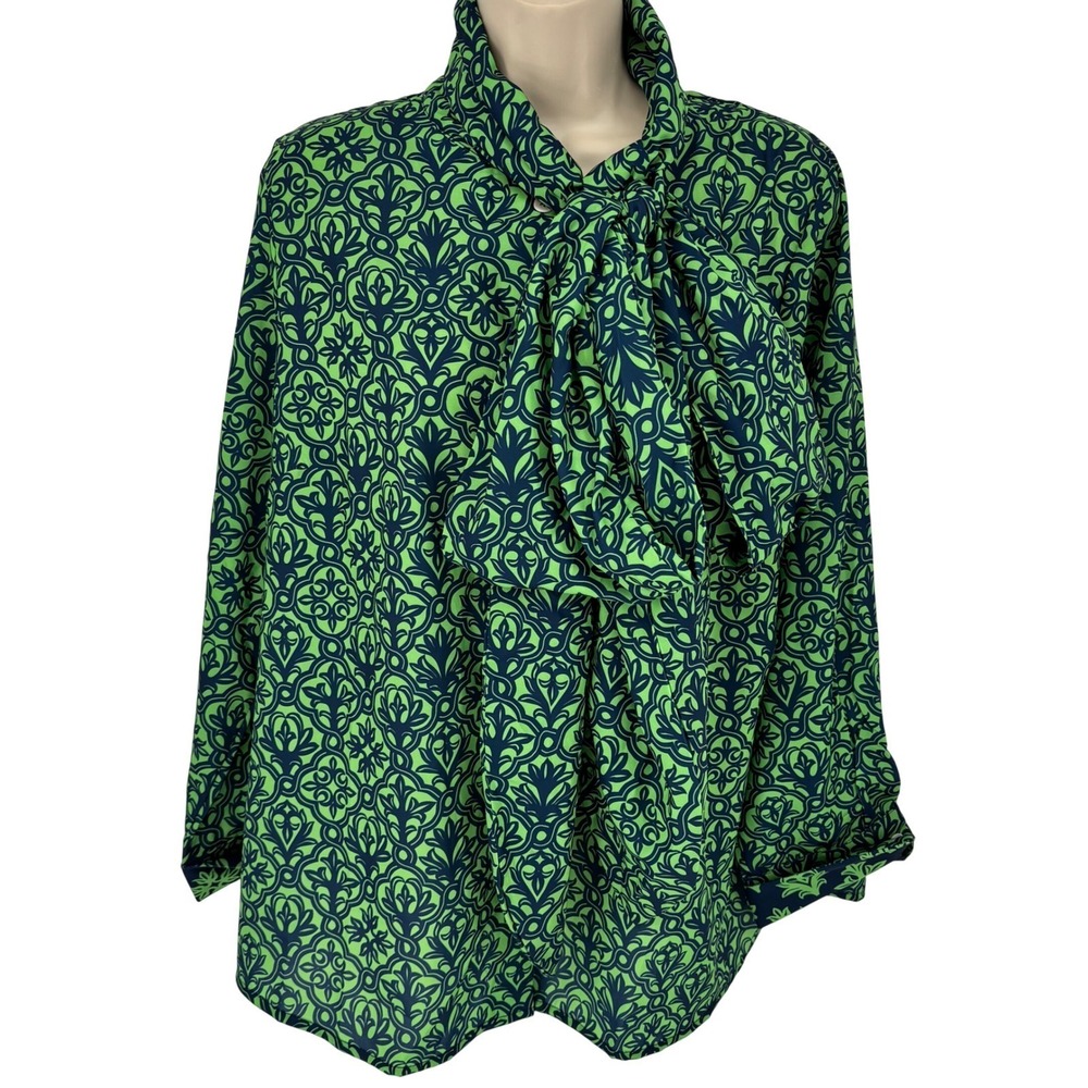 Gretchen Scott Blouse Wall of Secrets Navy Kelly Green Tie Neck Large
